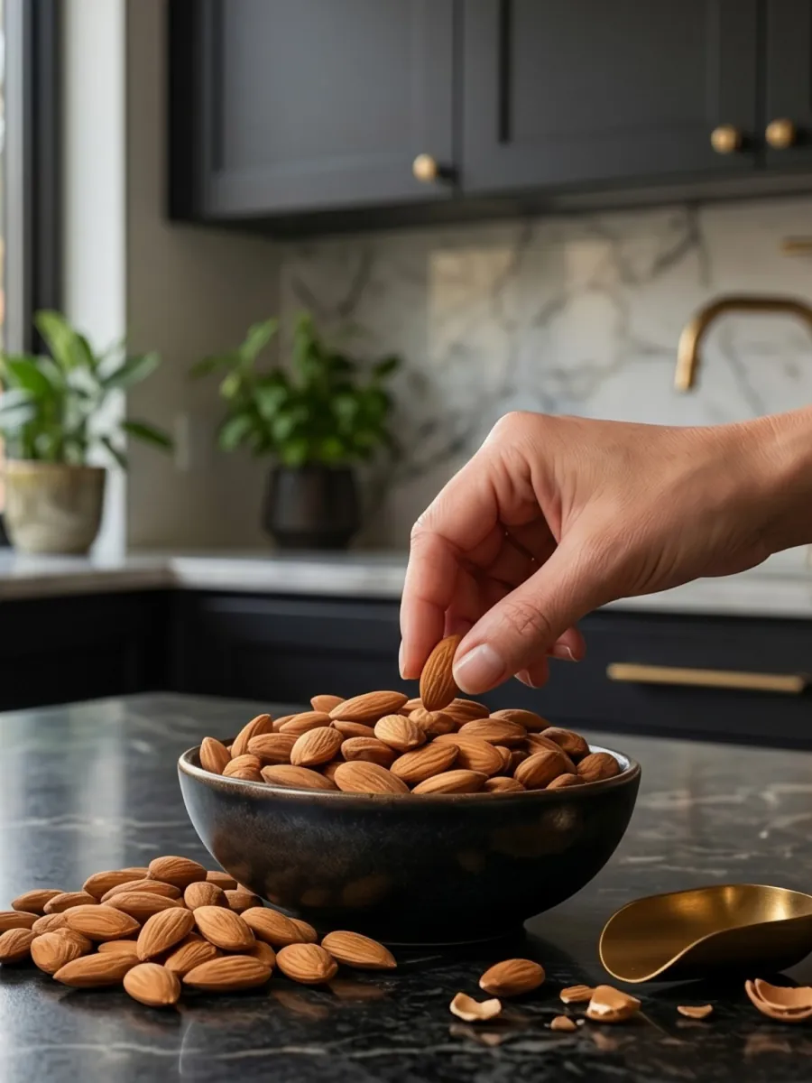 A hand picking a Mamra almond from a dark bowl on a kitchen counter