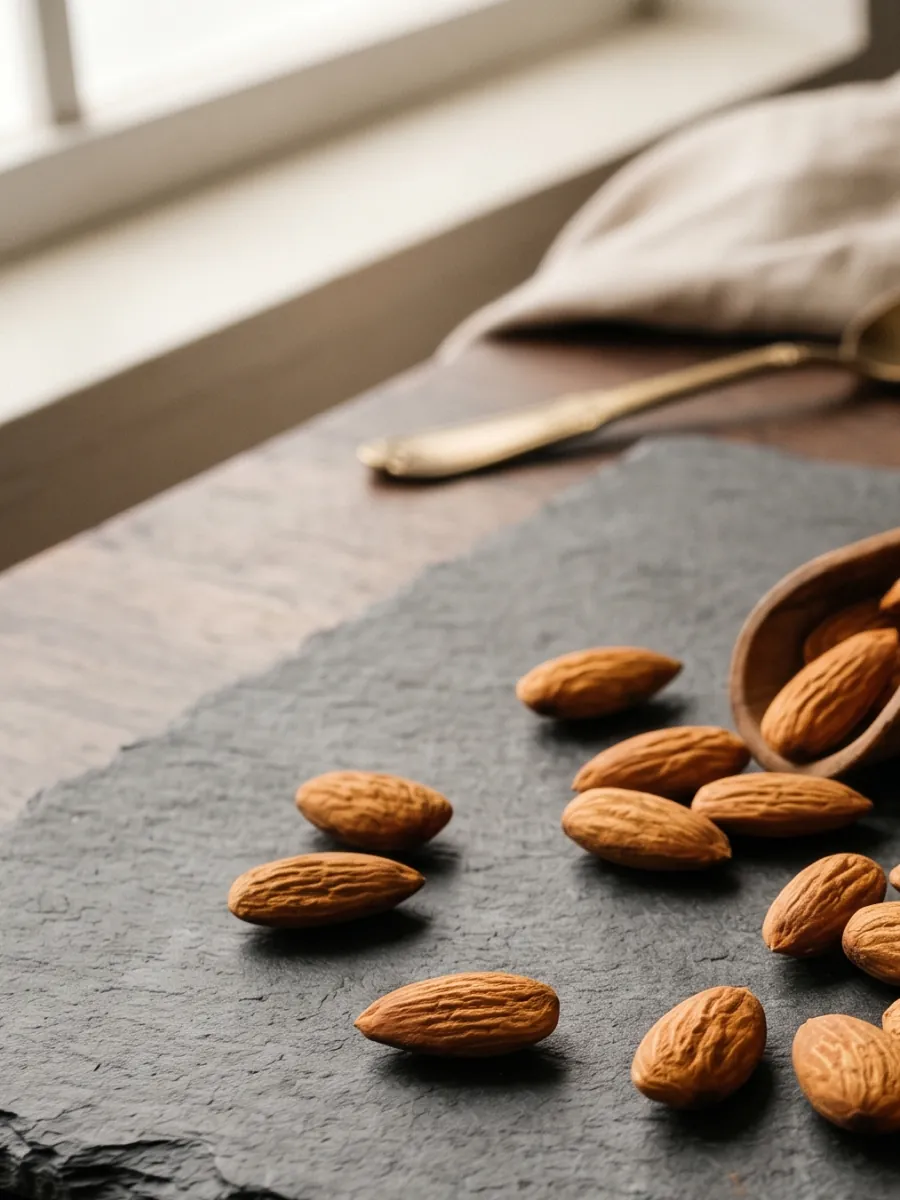 Mamra almonds in a wooden scoop on linen, with dried flowers