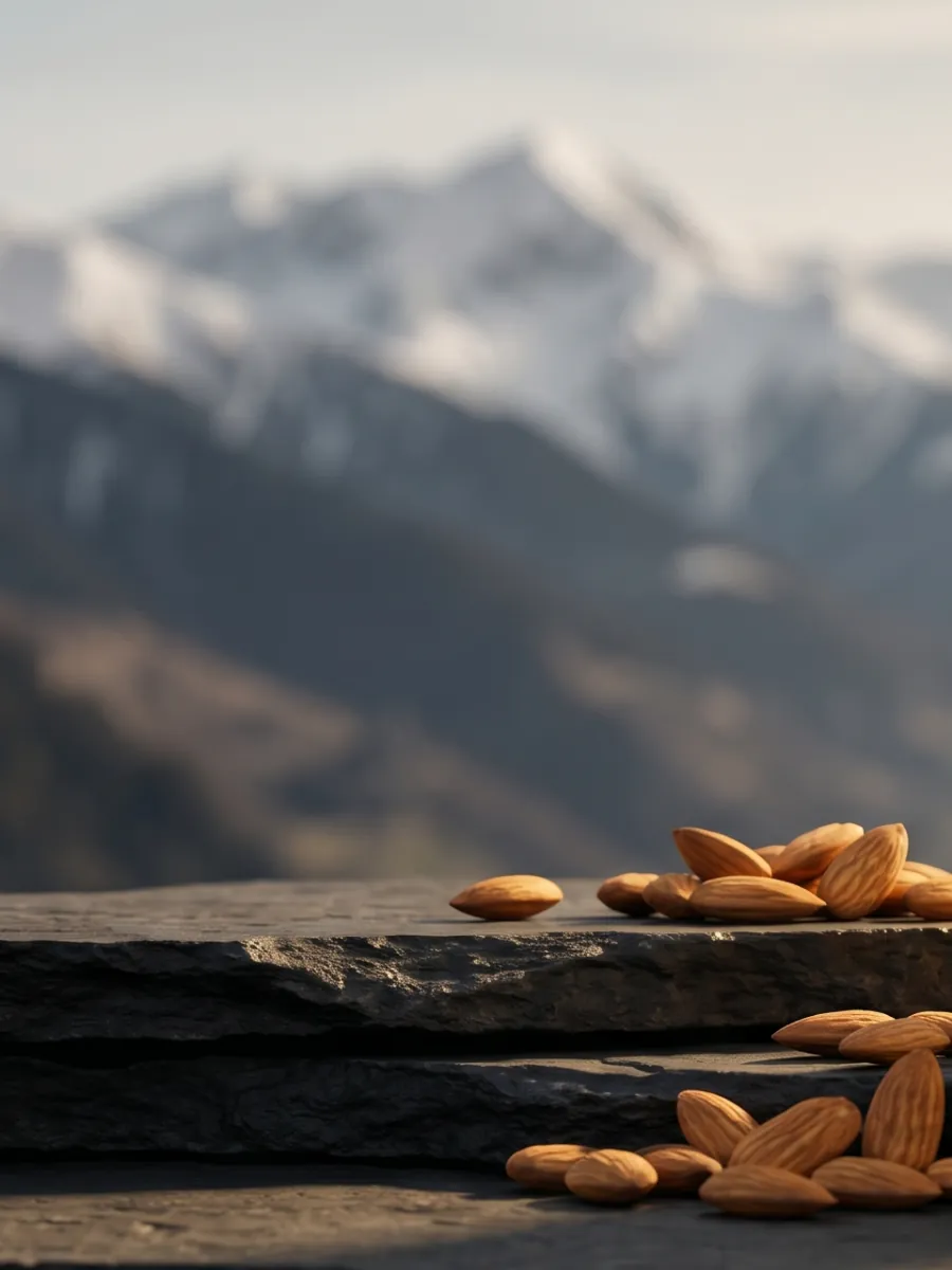 Almonds on layered slate with snow mountains behind