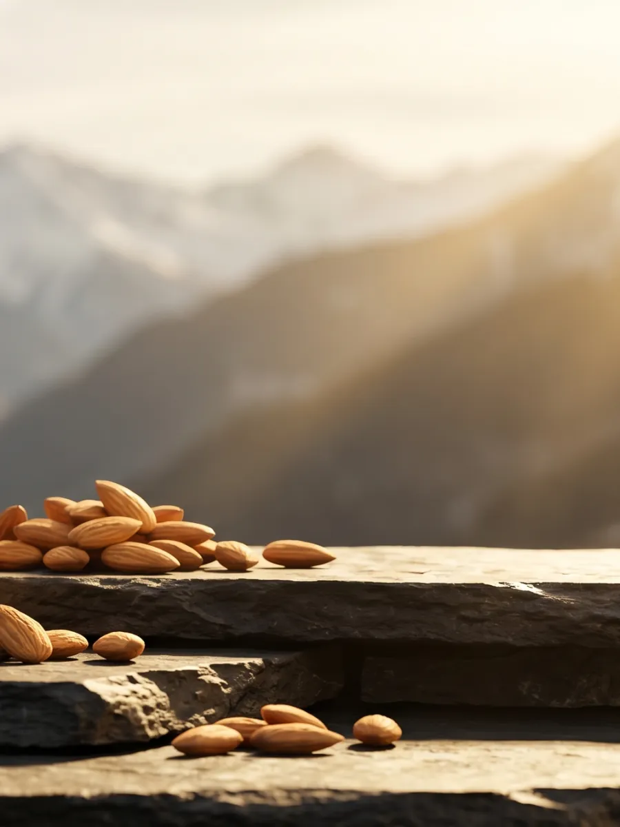 Mamra almonds resting on a slate ledge with the Himalayan foothills softly out of focus behind