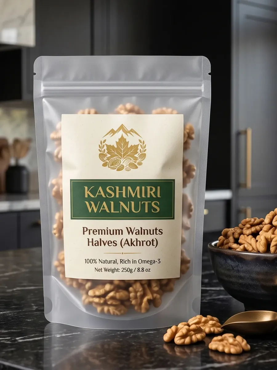 Valley Origin Kashmiri Walnuts, premium walnut halves (akhrot), 250 g pouch with a cream and green label