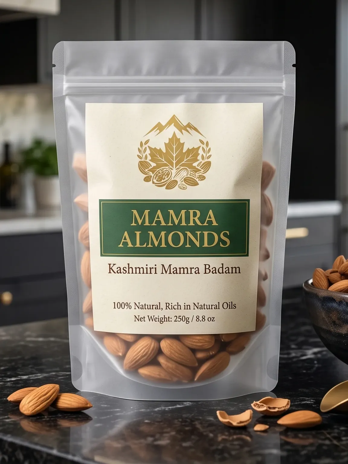 Valley Origin Kashmiri Mamra Badam 250 g clear pouch with a cream and green label, almonds visible inside