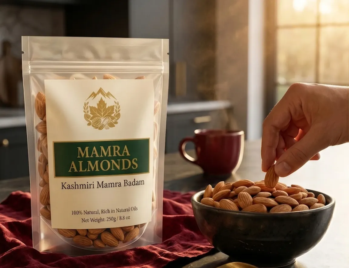 A hand picking a Kashmiri Mamra almond from a dark bowl on a kitchen counter beside the Valley Origin pouch