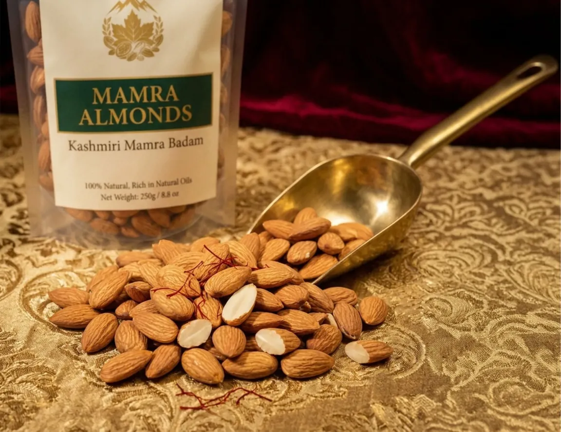 Valley Origin Kashmiri Mamra Badam pouch with a brass scoop of almonds and saffron strands on a gold cloth