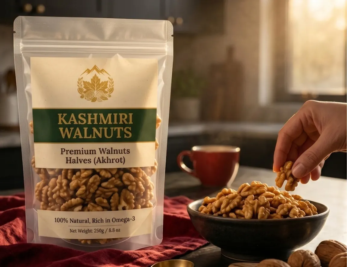 A hand picking a Kashmiri walnut half from a dark bowl on a kitchen counter beside the Valley Origin walnut pouch