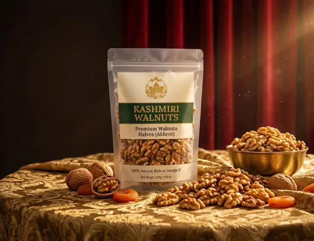 Valley Origin Kashmiri Walnut Halves (akhrot) pouch on a gold cloth with walnut halves, whole walnuts and a brass bowl, red velvet curtains behind