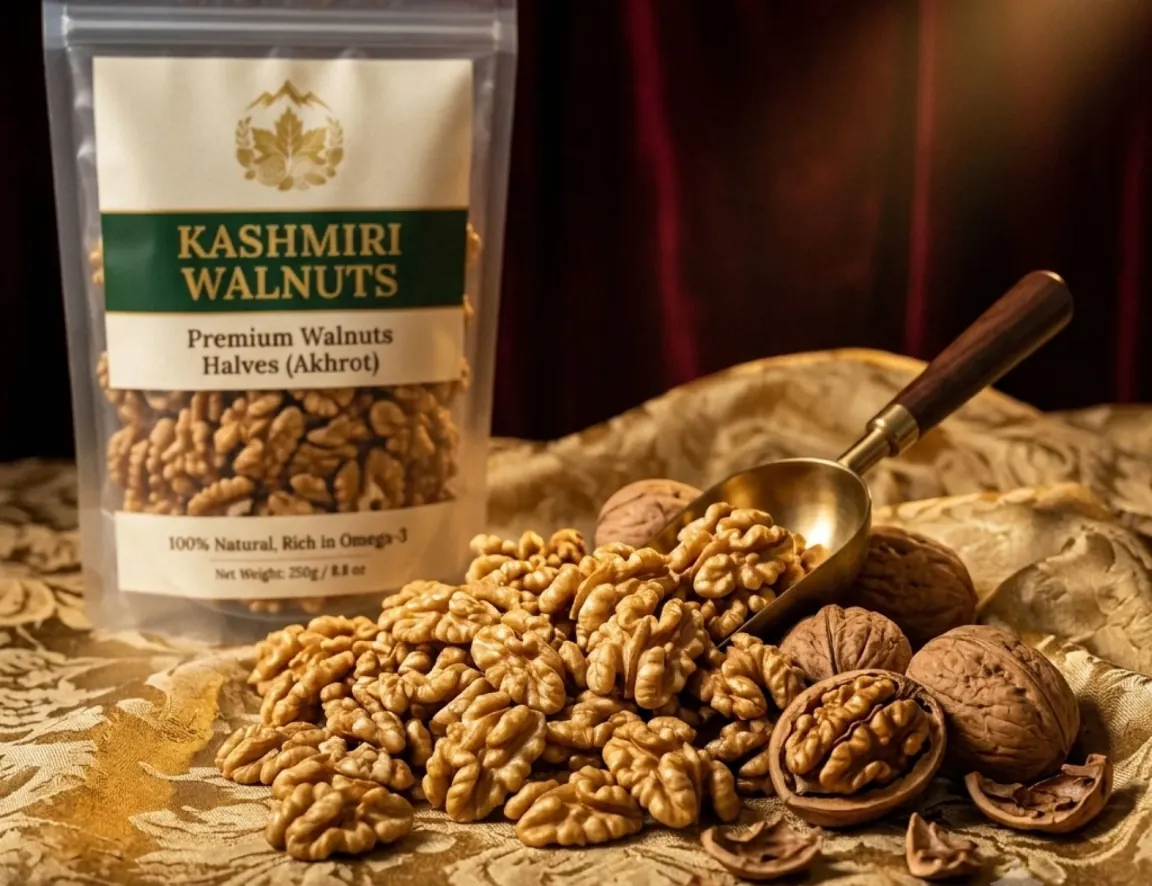 Valley Origin Kashmiri Walnuts pouch with a scoop of walnut halves and whole walnuts on a gold cloth