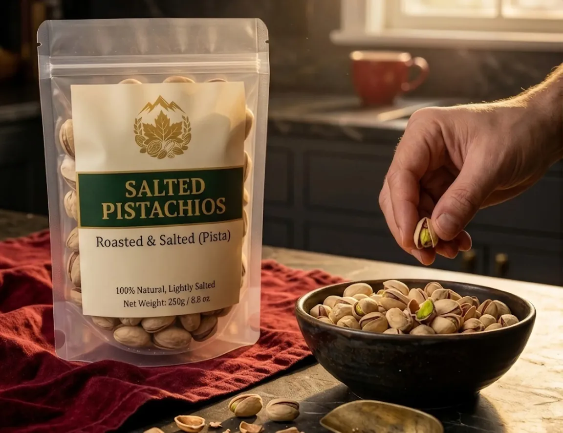 A hand picking a pistachio from a dark bowl on a kitchen counter beside the Valley Origin salted pistachios pouch
