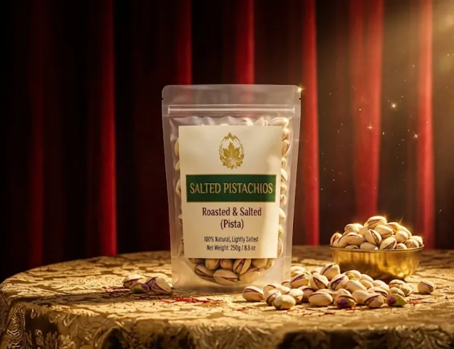 Valley Origin Salted Pistachios (pista) pouch on a gold cloth beside a brass bowl of pistachios, with red velvet curtains behind