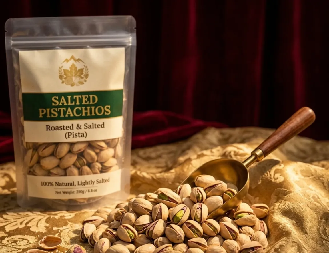 Valley Origin Salted Pistachios pouch with a scoop of pistachios on a gold cloth
